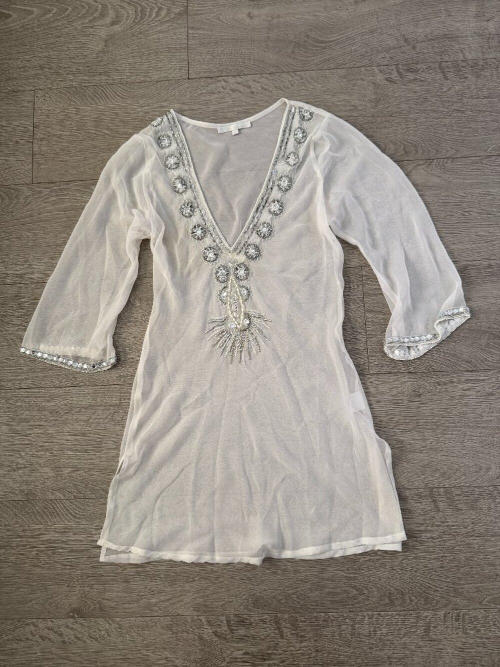 White Diamonds dress mini Sheer Embellished Beaded Tunic Cover Up Women's Small
